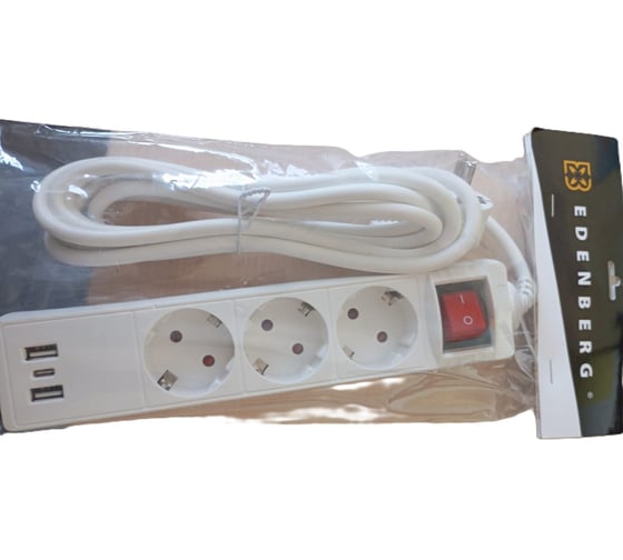 Изображение товара Розетка-удлинитель Edenberg 3м, 3 разъема, с переключателем и USB-кабелем, калибр провода 3 * 0,75 мм, диаметр провода 7 мм Н-11