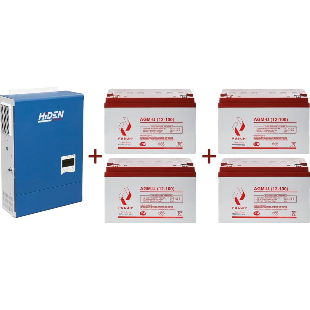 Изображение товара Источник бесперебойного питания Рубин Hiden Control HS35-5648PRO (48В, 5600Вт, два выхода, плата паралл, заряд 5-60А, MPP80A, с подмешиванием + Аккумуляторная батарея 12V 100Ah AGM (30.5kg)/4 шт. HS35-5648PRO/РЭ12100/4