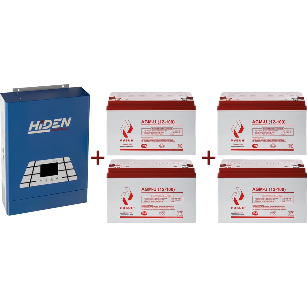 Изображение товара Источник бесперебойного питания Рубин Hiden Control HS35-10048PRO (48В, 10000Вт, два выхода, плата параллельная работы, заряд 4-200А + Аккумуляторная батарея 12V 100Ah AGM (30.5kg)/4 шт. HS35-10048PRO/РЭ12100/4
