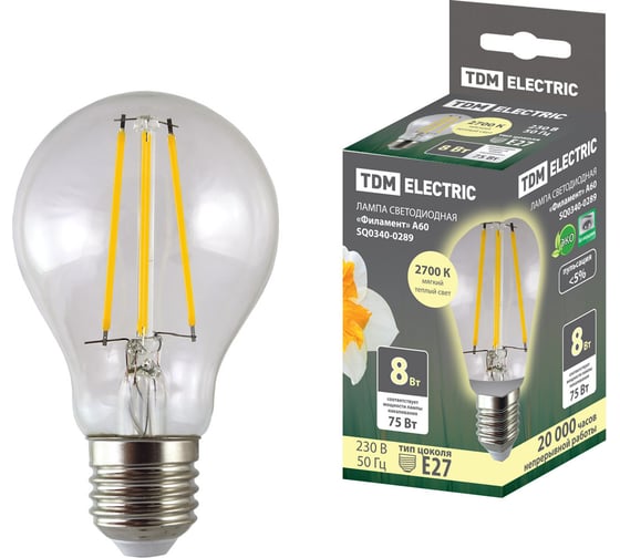 Изображение товара Лампа светодиодная E27 "Филамент" А60-8 Вт-230 В-2700 К TDM ELECTRIC SQ0340-0289