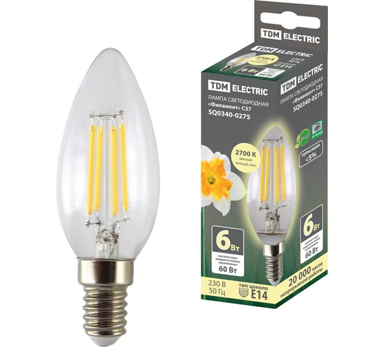 Изображение товара Светодиодная лампа TDM ELECTRIC "Филамент" С37-6 Вт-230 В-2700 К–E14 SQ0340-0275