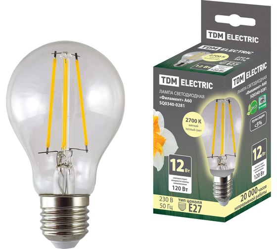 Изображение товара Лампа светодиодная E27 "Филамент" А60-12 Вт-230 В-2700 К TDM ELECTRIC SQ0340-0281