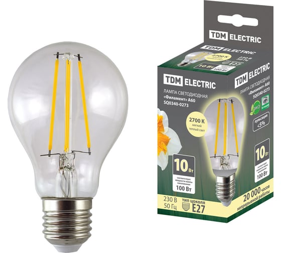Изображение товара Лампа светодиодная E27 "Филамент" А60-10 Вт-230 В-2700 К TDM ELECTRIC SQ0340-0273