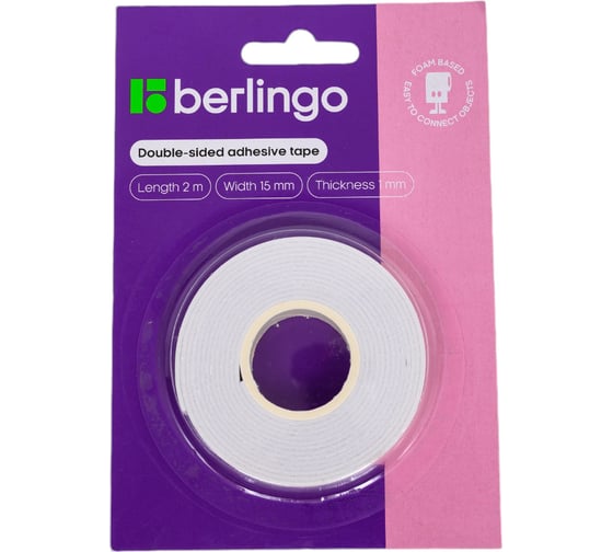 Изображение товара Двусторонняя клейкая лента на вспененной основе Berlingo 15 мм х 2 м, 1 мм, блистер FSn_152033