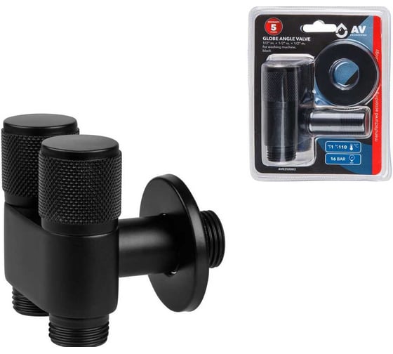 Изображение товара Кран вентильный угловой AV Engineering 1/2 нар. Х 1/2 нар. Х 1/2 нар. установочный черный AVE258002