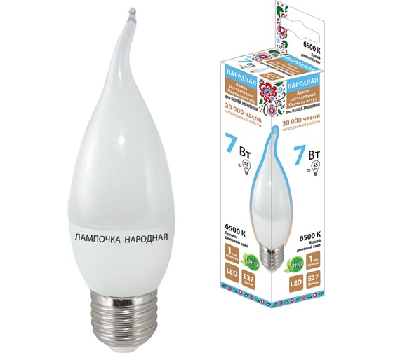 Изображение товара Светодиодная лампа TDM WFС37-7 Вт-230 В-6500 К–E27 свеча на ветру Народная SQ0340-1548