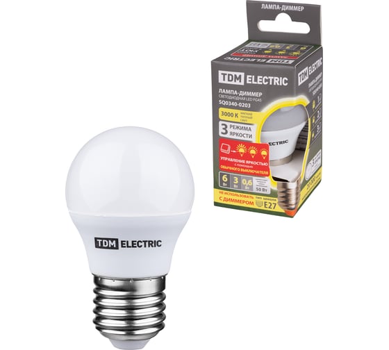 Изображение товара Светодиодная лампа TDM ELECTRIC FG45-6 Вт-230 В-3000 К–E27 "Лампа-ДИММЕР" SQ0340-0203