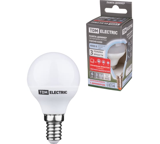 Изображение товара Светодиодная лампа TDM ELECTRIC FG45-6 Вт-230 В-4000 К–E14 "Лампа-ДИММЕР" SQ0340-0200