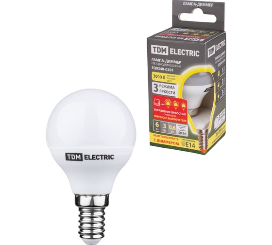 Изображение товара Светодиодная лампа TDM ELECTRIC FG45-6 Вт-230 В-3000 К–E14 "Лампа-ДИММЕР" SQ0340-0201