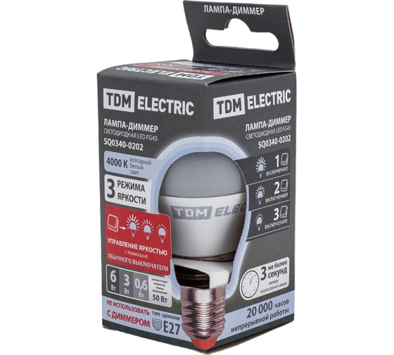 Изображение товара Светодиодная лампа TDM ELECTRIC FG45-6 Вт-230 В-4000 К–E27 "Лампа-ДИММЕР" SQ0340-0202