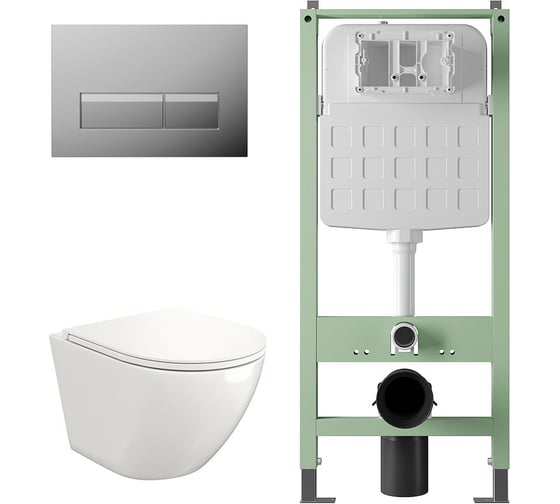 Изображение товара Комплект Alentori Инсталляция SITEMA, Панель смыва с прямоугольными кнопками, хром + FLUIRE 110 Vortex Унитаз подвесной безободковый, быстросъёмное сиденье с микролифтом, белый глян. ALS.SIS1102.CRAL.FLU40110.V.W