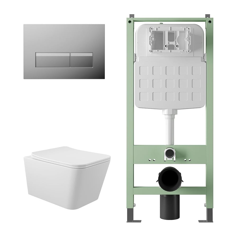 Изображение товара Комплект Alentori Инсталляция SITEMA панель смыва с прямоугольными кнопками, хром + Унитаз подвесной 520х370 безободковый, сиденье Soft-Close, белый глянцевый, форма квадрат ALS.SIS1102.CRQ0110