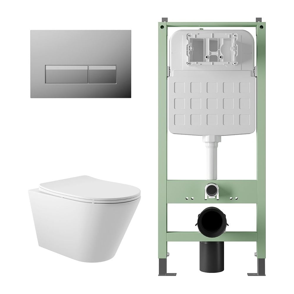 Изображение товара Комплект Alentori Инсталляция SITEMA панель смыва с прямоугольными кнопками, хром + Унитаз подвесной 525х360 безободковый, сиденье Soft-Close, белый матовый, форма конус ALS.SIS1102.CRC0120