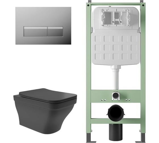 Изображение товара Комплект Alentori Инсталляция SITEMA панель смыва с прямоугольными кнопками, хром + Унитаз подвесной 520х370 безободковый, сиденье Soft-Close, черный матовый, форма квадрат с выступом ALS.SIS1102.CRE0140
