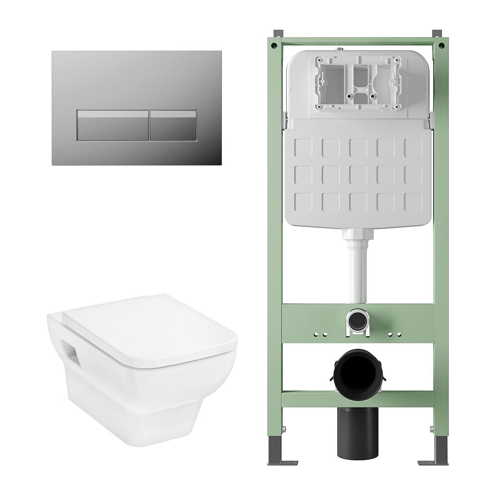 Изображение товара Комплект Alentori Инсталляция SITEMA, Панель смыва с прямоугольными кнопками, хром + CreekTide Q Унитаз подвесной 540x360, сиденье с микролифтом, безободковый, белый ALS.SIS1102.CRHGSET001