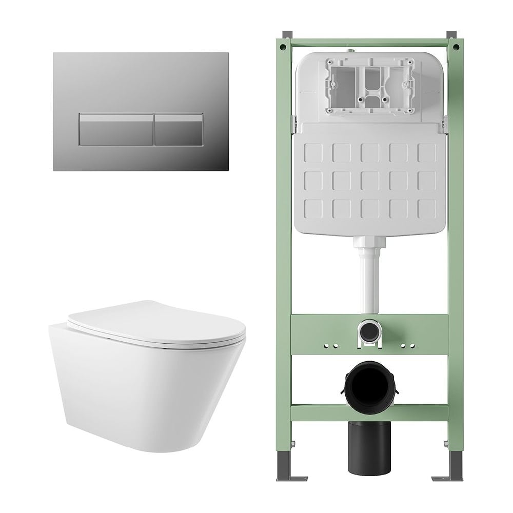 Изображение товара Комплект Alentori Инсталляция SITEMA, Панель смыва с прямоугольными кнопками, хром + Унитаз подвесной 525х360 безободковый, сиденье Soft-Close, белый глянцевый, форма конус ALS.SIS1102.CRC0110