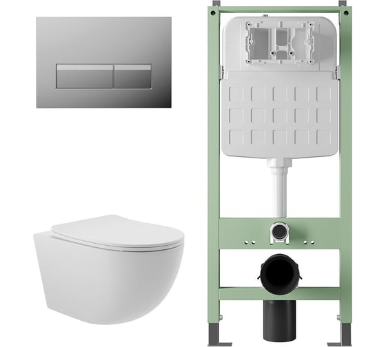 Изображение товара Комплект Alentori Инсталляция SITEMA панель смыва с прямоугольными кнопками, хром + Унитаз подвесной 525*360 безободковый, сиденье Soft-Close, белый матовый, форма овал ALS.SIS1102.CRO0120