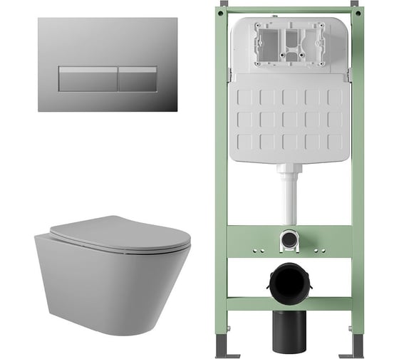 Изображение товара Комплект Alentori Инсталляция SITEMA панель смыва с прямоугольными кнопками, хром + Унитаз подвесной 525х360 безободковый, сиденье Soft-Close, серый матовый, форма конус ALS.SIS1102.CRC0130