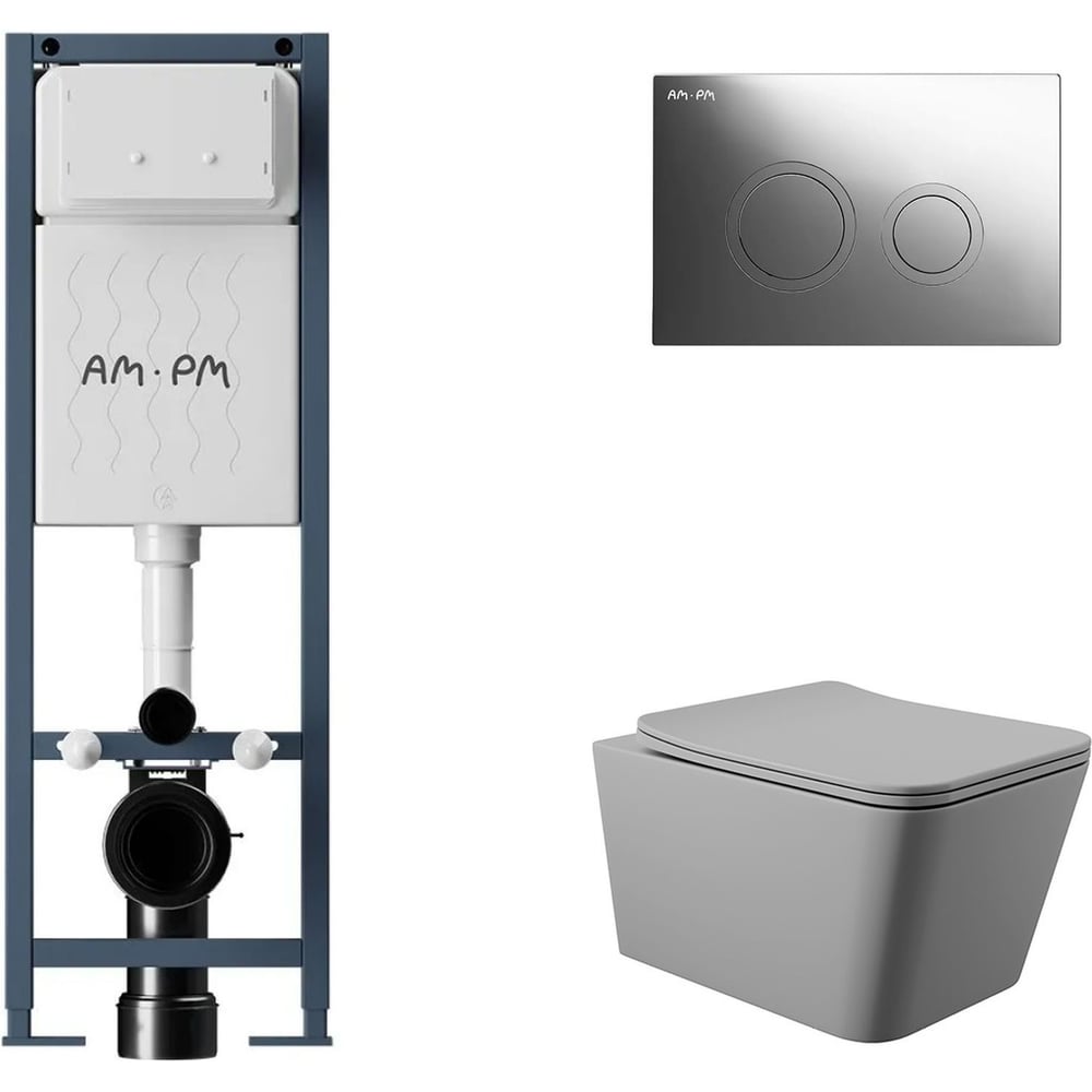 Изображение товара Комплект AM.PM I012711.0151 ErgoFit инсталляция для подвесного унитаза и унитаз безободковый серый