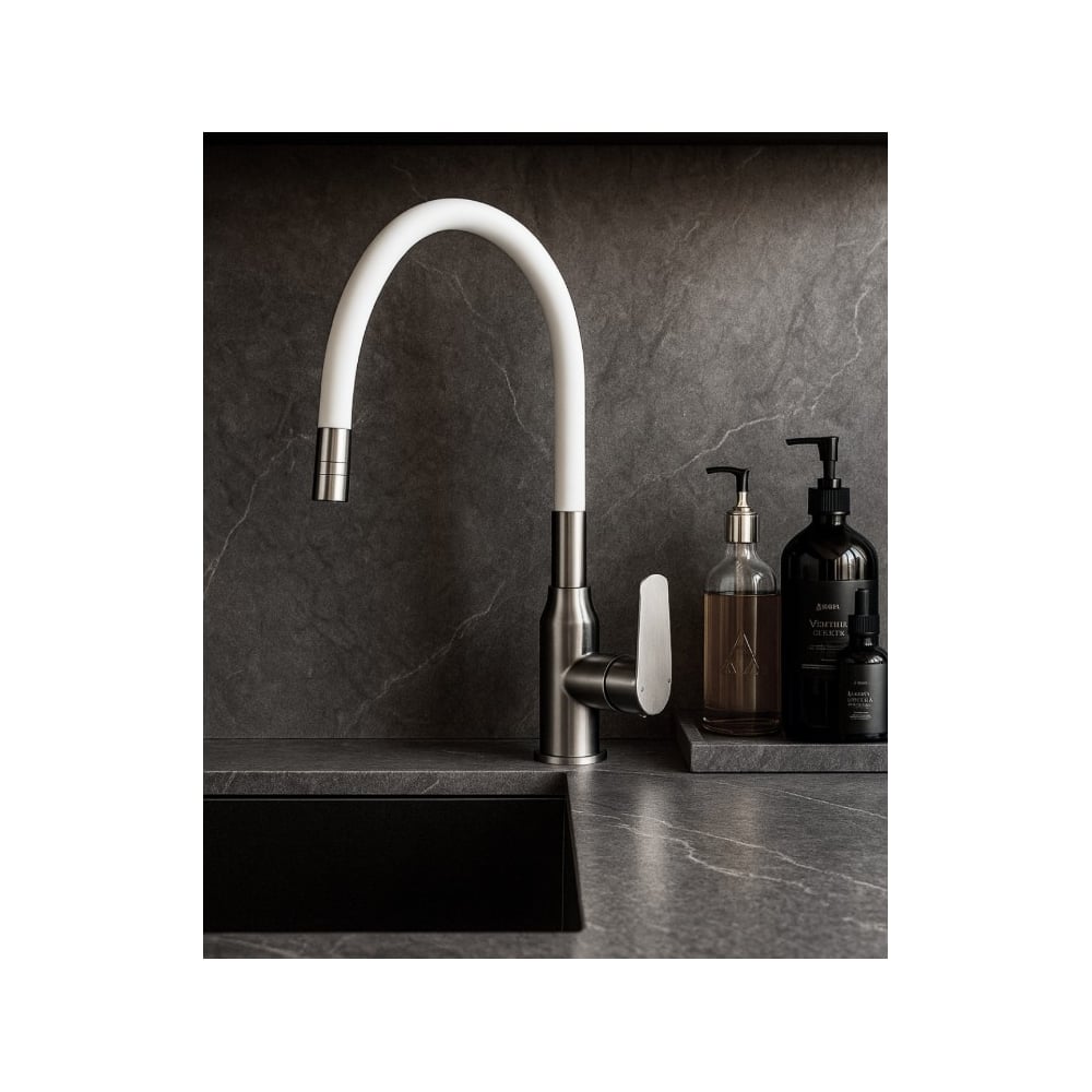 Изображение товара Одноручный кухонный смеситель decoroom с гибким изливом никель/белый DR29024BN-White