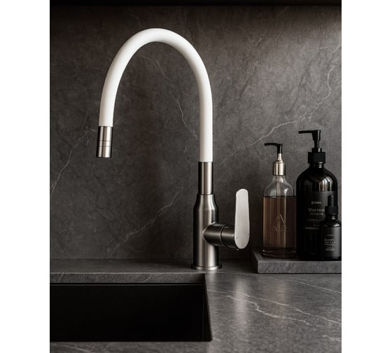 Изображение товара Смеситель одноручный decoroom для кухни с гибким изливом, никель/белый DR29024BN-White