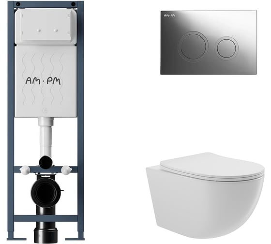 Изображение товара Комплект AM.PM I012711.0151 ErgoFit инсталляция для подвесного унитаза с клавишей ErgoFit L пластик, хром глянц + Унитаз подвесной 525*360 безободковый, сиденье Soft-Close, белый глянцевый, форма овал I012711.0151O0110