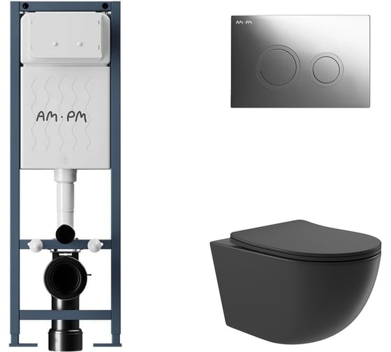 Изображение товара Комплект AM.PM I012711.0151 ErgoFit инсталляция для подвес унитаза с клавишей ErgoFit L пластик, хром глянц + Унитаз подвесной 525х360 безободковый, сиденье Soft-Close, черный матовый, форма овал I012711.0151O0140