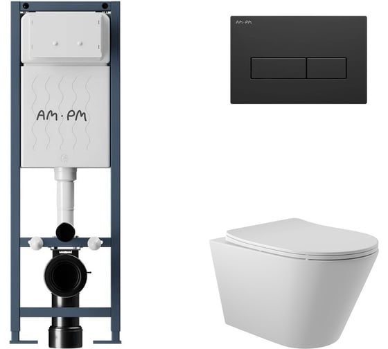 Изображение товара Комплект AM.PM I012711.0338 ErgoFit инсталляция для подвес унитаза с клавишей ErgoFit M пластик, черный матовый + Унитаз подвесной 525х360 безободковый, сиденье Soft-Close, белый матовый, форма конус I012711.0338C0120