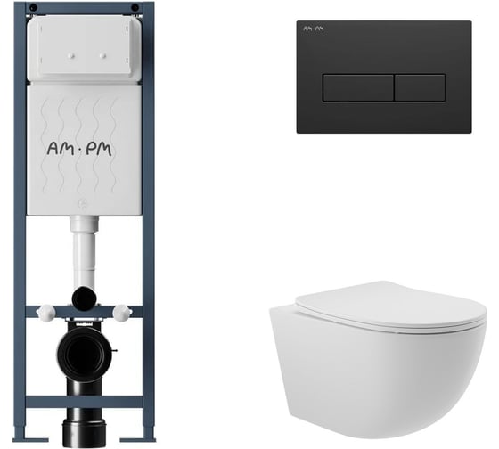 Изображение товара Комплект AM.PM I012711.0338 ErgoFit инсталляция для подвес унитаза с клавишей ErgoFit M пластик, черный матовый + Унитаз подвесной 525х360 безободковый, сиденье Soft-Close, белый матовый, форма овал I012711.0338O0120