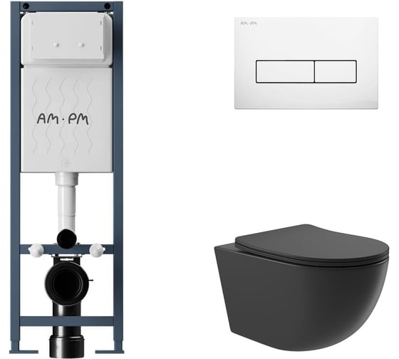 Изображение товара Комплект AM.PM I012711.0301 ErgoFit инсталляция для подвес унитаза с клавишей ErgoFit M пластик, белый глянцевый + Унитаз подвесной 525х360 безободковый, сиденье Soft-Close, черный матовый, форма овал I012711.0301O0140
