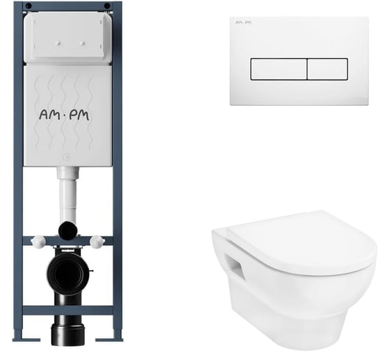 Изображение товара Комплект AM.PM I012711.0301 ErgoFit инсталляция для подвесного унитаза с клавишей ErgoFit M пластик, белый глянцевый + GladeLake S Унитаз подвесной 540x360, сиденье с микролифтом, безободковый, белый I012711.0301HGSET002