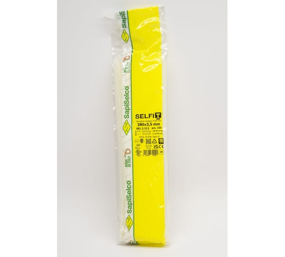 Изображение товара Стяжки натурального цвета SapiSelco 3.5х280 мм, полиамид 6.6, уп. 100 шт. SEL.2.212R