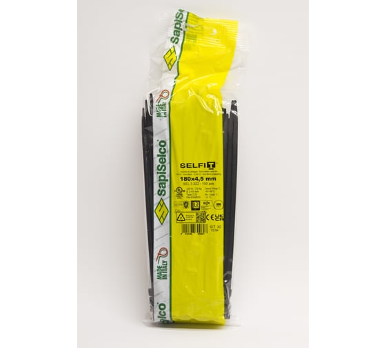 Изображение товара Стяжки черного цвета SapiSelco 4.5х180 мм, полиамид 6.6, уп. 100 шт. SEL.3.222R