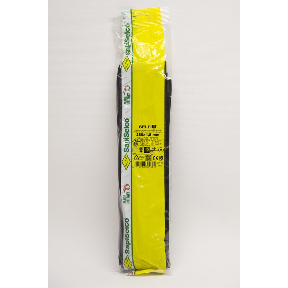 Изображение товара Черные стяжки SapiSelco 4.5x280 мм полиамид 6.6 100 шт для кабелей крепежа