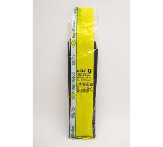 Изображение товара Стяжки черного цвета SapiSelco 4.5х250 мм, полиамид 6.6, уп. 100 шт. SEL.3.224R