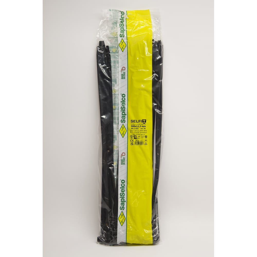 Изображение товара Стяжки черного цвета SapiSelco 12,5х500 мм, полиамид 6.6, уп. 50 шт. SEL.3.451R