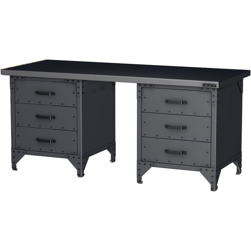 Изображение товара Стол рабочий Сорокин Heavy Metal 6,5ft с двумя ящиками профессиональный графитовый