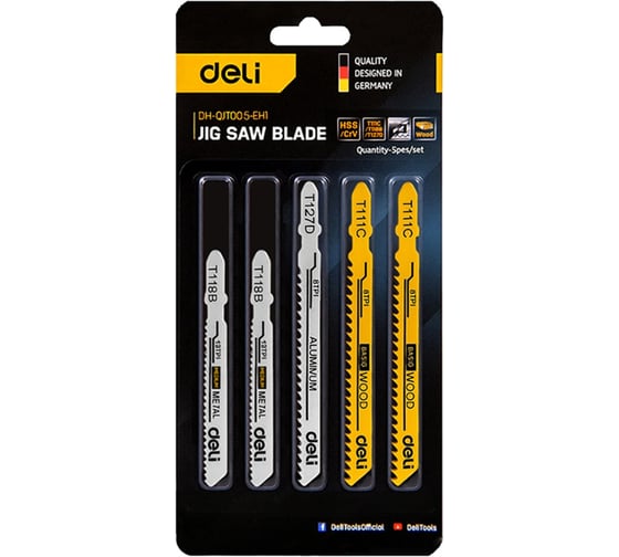 Изображение товара Набор пилок для электролобзика DELI (5шт) универсальный DH-QJT005-EH1 (2шт по металлу, 2шт по дереву, 1шт по алюминию) 177351
