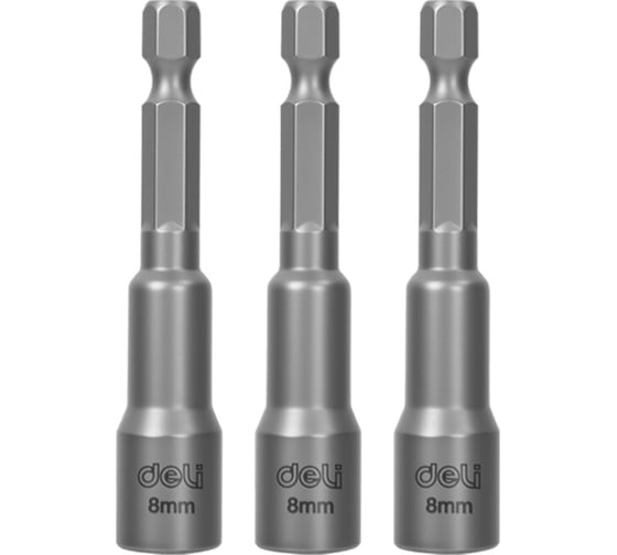 Изображение товара Набор магнитных бит с торцевой головкой DELI 3шт DL4808T 8мм, длина 65мм, сталь 40Cr, пласт. кейс 183350