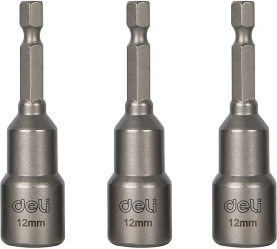 Изображение товара Набор магнитных бит с торцевой головкой DELI 3шт DL4812T 12мм, длина 65мм, сталь 40Cr, пласт. кейс 183352