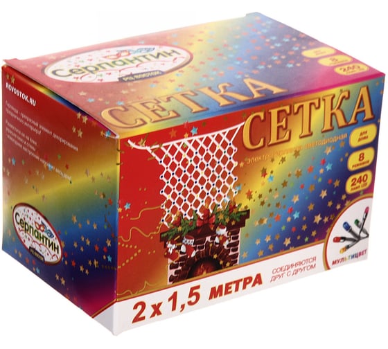 Изображение товара Гирлянда для дома Серпантин СЕТКА ш2,0* в1,5 м 240 ламп LED, прозр.пров, 8 реж, IP-20, Мультицвет (возможность соединения) 183-539