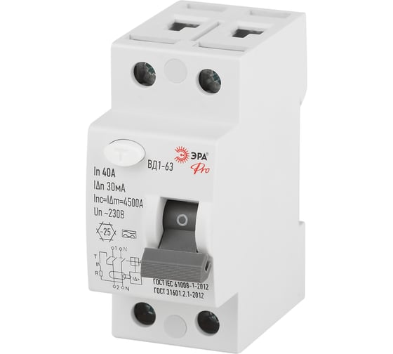 Изображение товара УЗО ЭРА PRO VD12EM40A30 ВД1-63 4,5кА 2P 40А 30мА тип A электромеханическое Б0063893