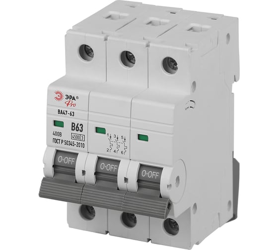Изображение товара Автоматический выключатель ЭРА PRO VA63-3P63B4.5 ВА47-63 3P 63А кривая B 4,5кА Б0059398