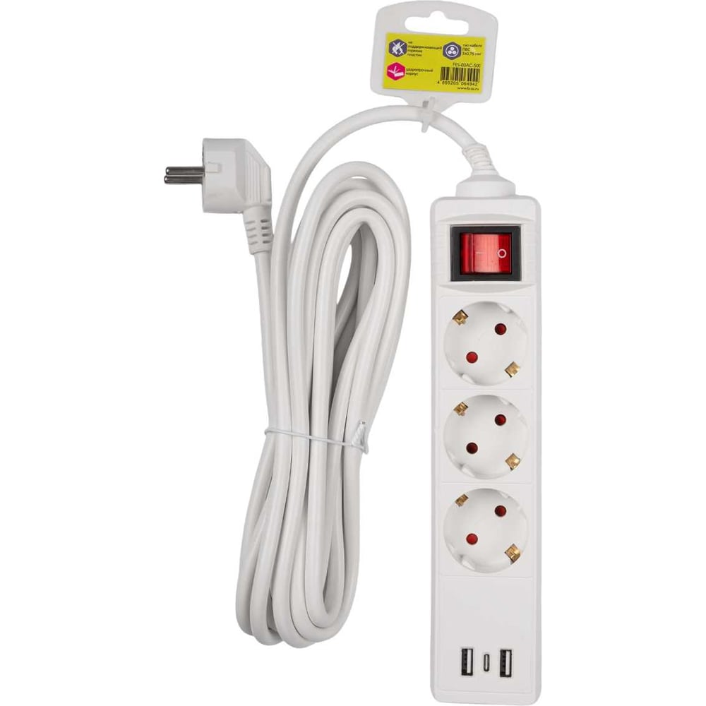 Изображение товара Универсальный электрический удлинитель с 3 USB и 3 розетками 5м 2.2кВт ФАZА FES-03-500
