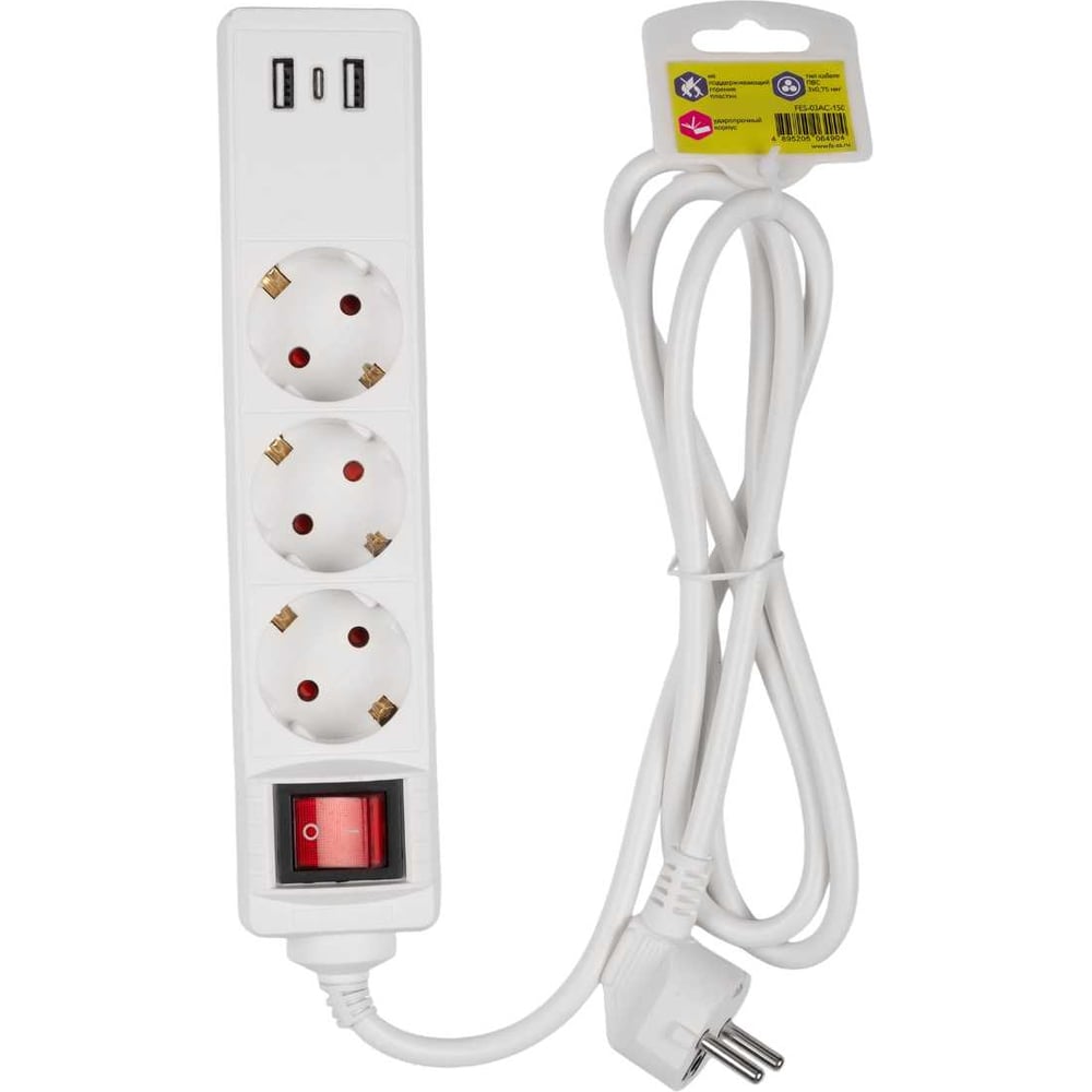 Изображение товара Универсальный электрический удлинитель ФАZА FES-03-150 3 USB выхода 3роз х 1,5м 2,2кВт ПВС 3х0,75мм2 10А IP20 заземление выключатель 5064904