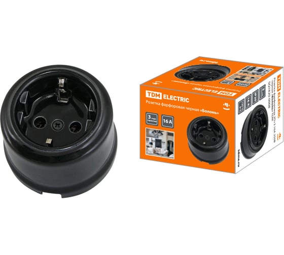 Изображение товара Розетка TDM ELECTRIC фарфоровая 2П+З 16А 250В черная «Болонь» SQ1820-0008
