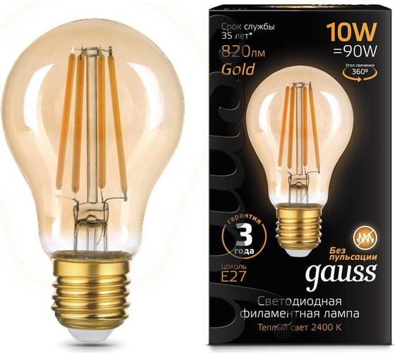 Изображение товара Лампа Gauss Filament А60 10W 820lm 2400К Е27 golden LED 1/10/40 102802010