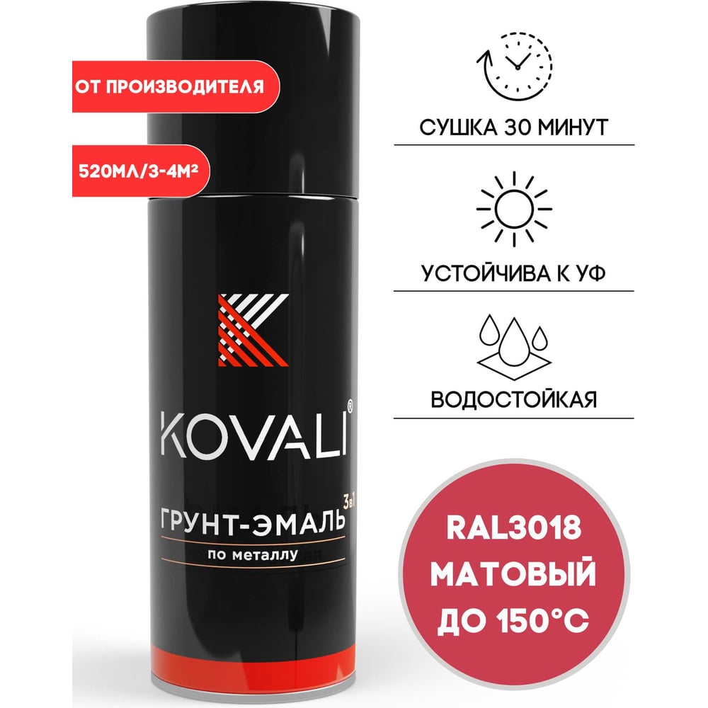 Изображение товара Аэрозольная грунт-эмаль KOVALI 3 в 1 матовая RAL 3018 клубнично-красная