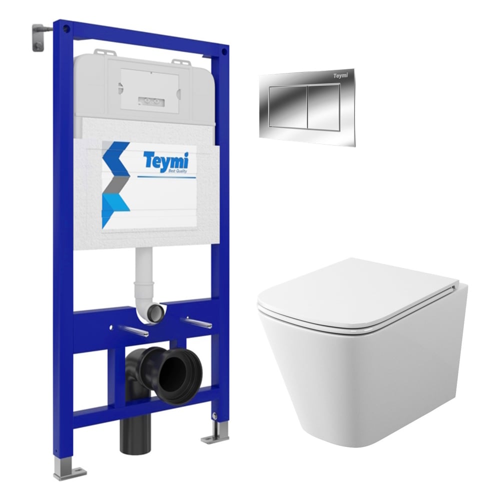 Изображение товара Комплект Teymi 5 в 1: Инсталляция Aina 52 + клавиша смыва Aina хром + подвесной унитаз с микролифтом Helmi Vortex + крепеж T70737