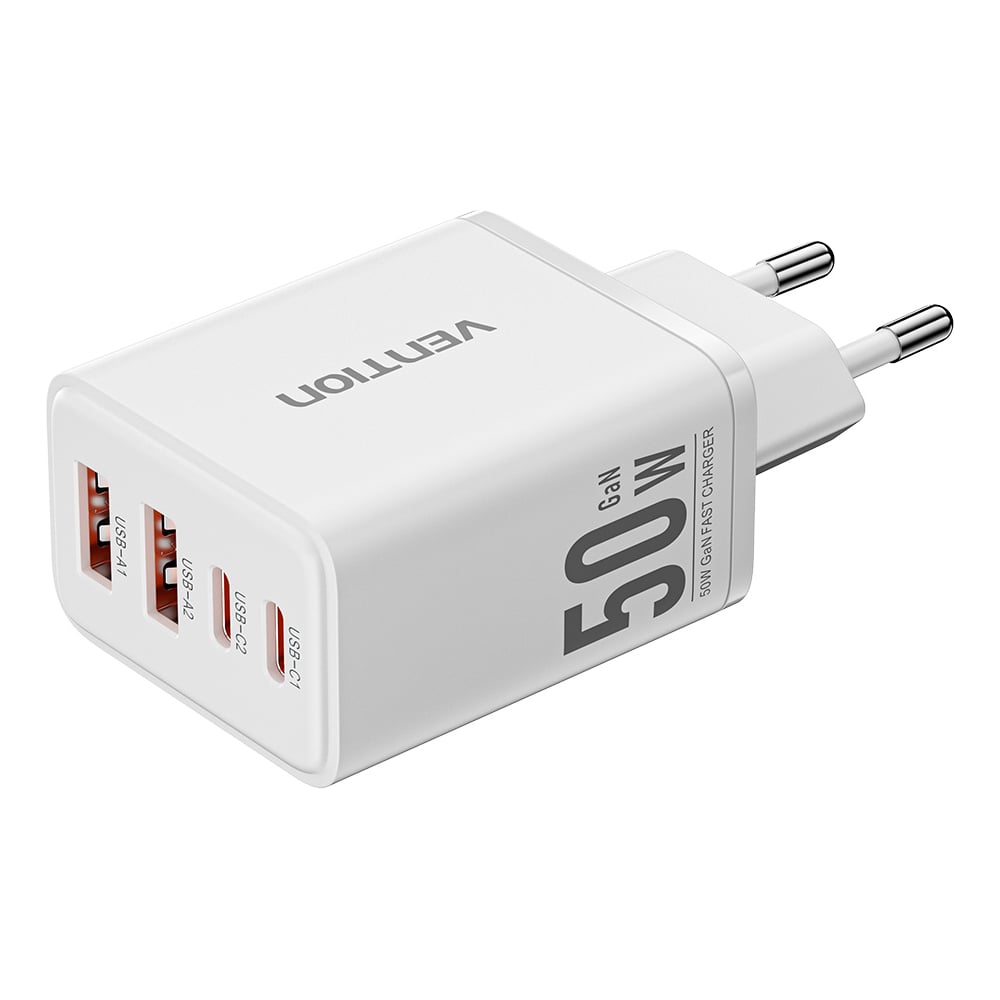 Изображение товара Сетевое зарядное устройство GaN VENTION 50W 4 порта USB Type-C и USB-A белое